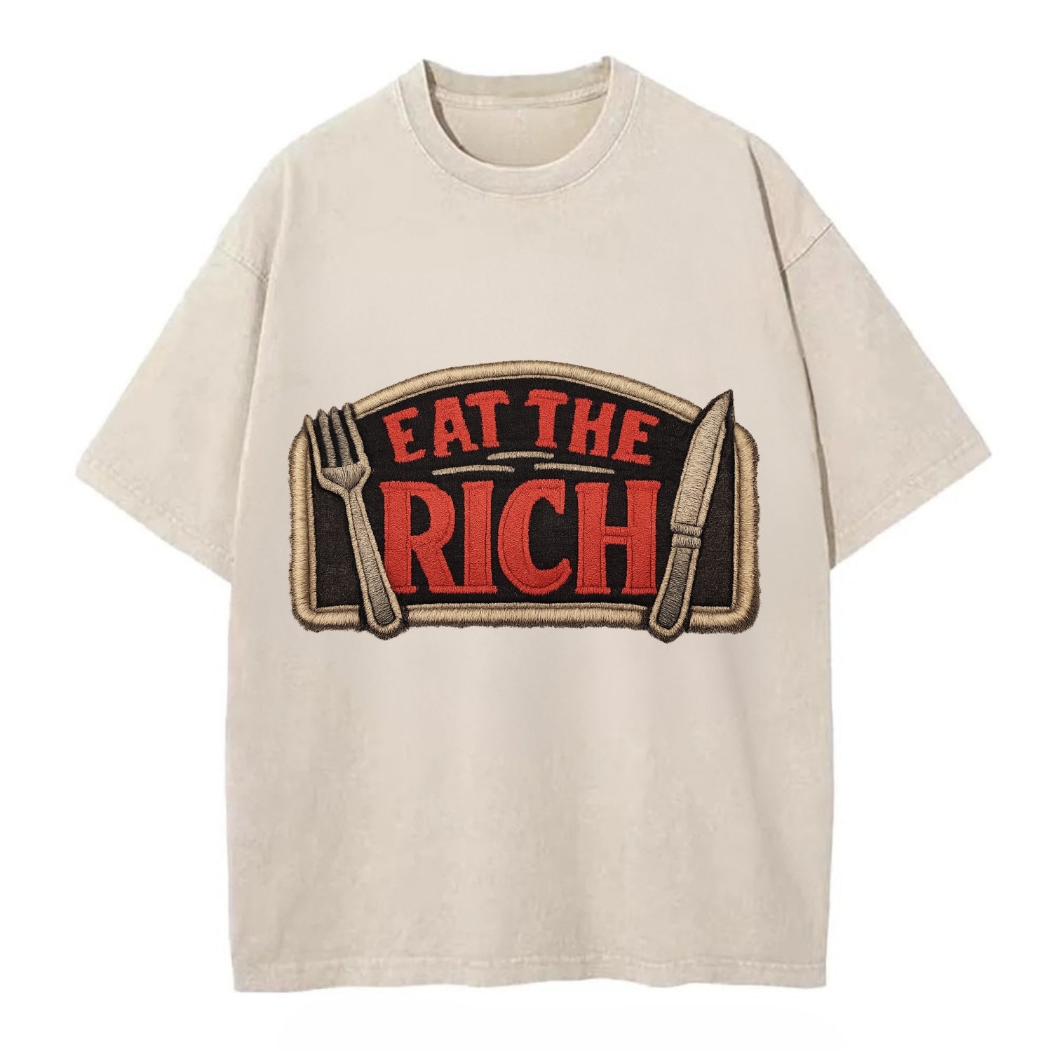 EAT THE RICH - fork and knife with text in red and silver , class war - Vintage T-shirt - Off White