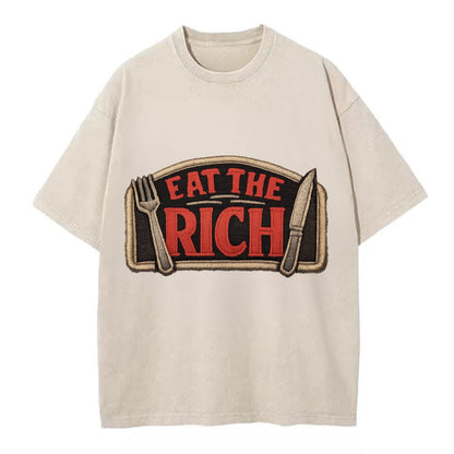 EAT THE RICH - fork and knife with text in red and silver , class war - Vintage T-shirt - Off White