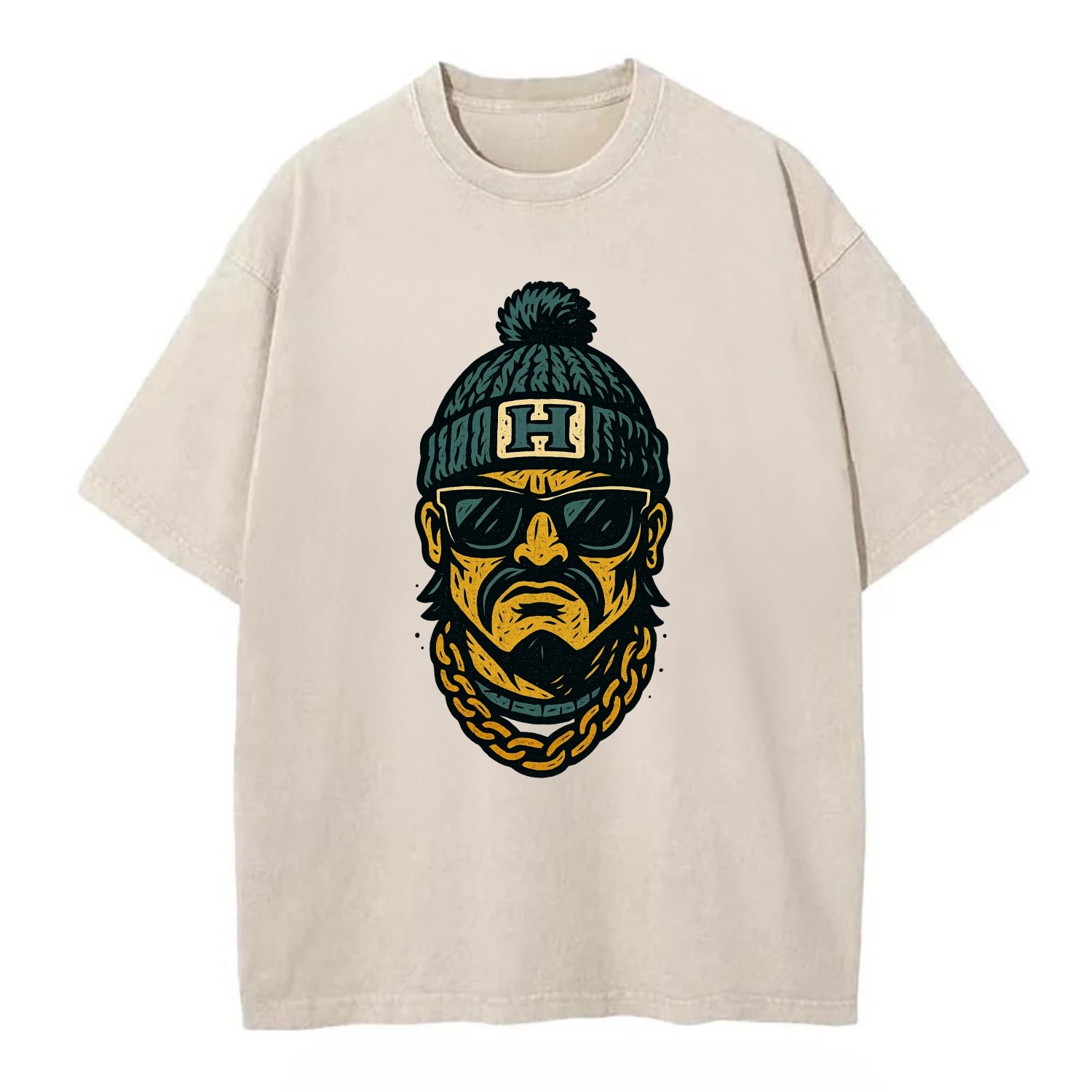 Honolulu Warrior wearing Hawaii beanie with H patch - Vintage T-shirt - Off White