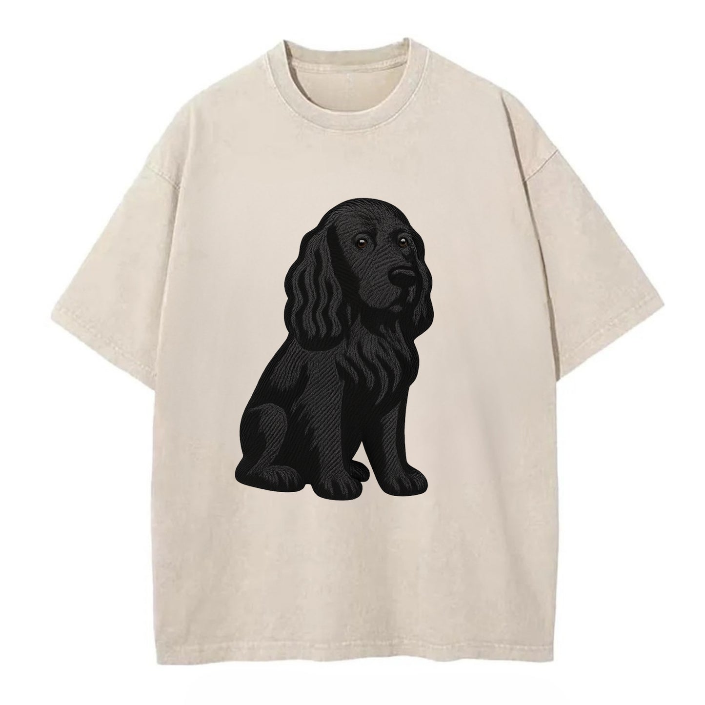 Field Spaniel - Black silky coat embroidered pose - Vintage T-shirt - Off White