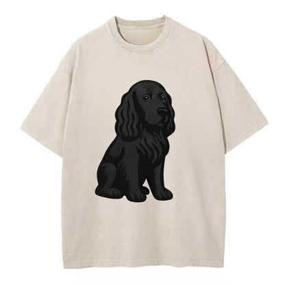 Field Spaniel - Black silky coat embroidered pose - Vintage T-shirt - Off White