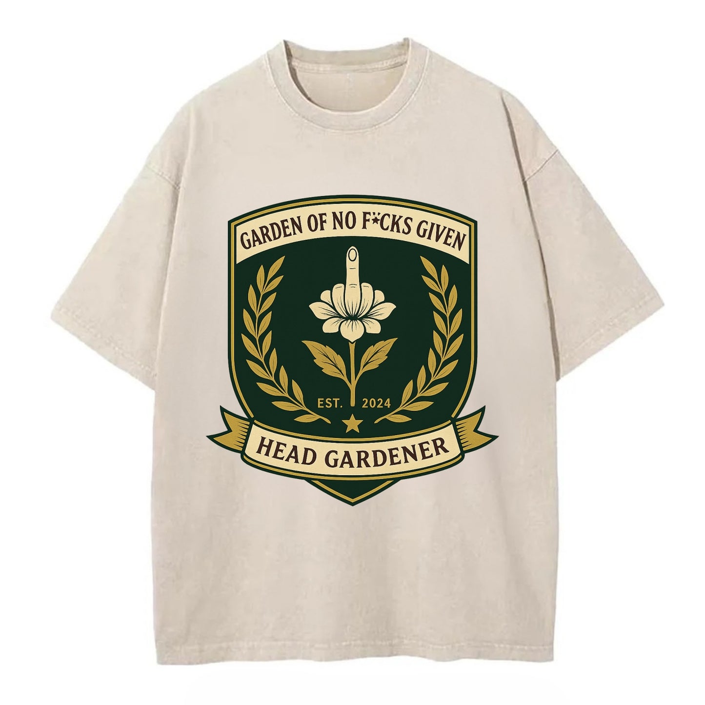 Shield with middle finger flower - "Garden of No F*cks Given - Head Gardener" - - Vintage T-shirt - Off White