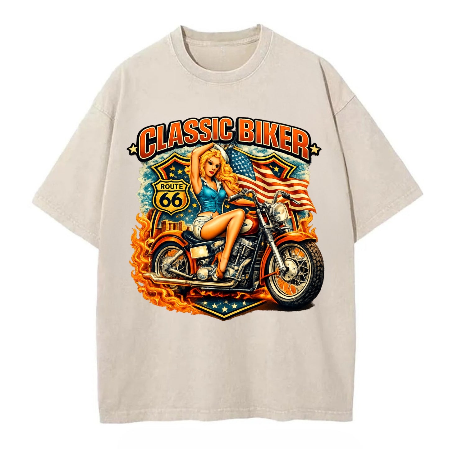 Classic Pinup Biker - Vintage T-shirt - Off White