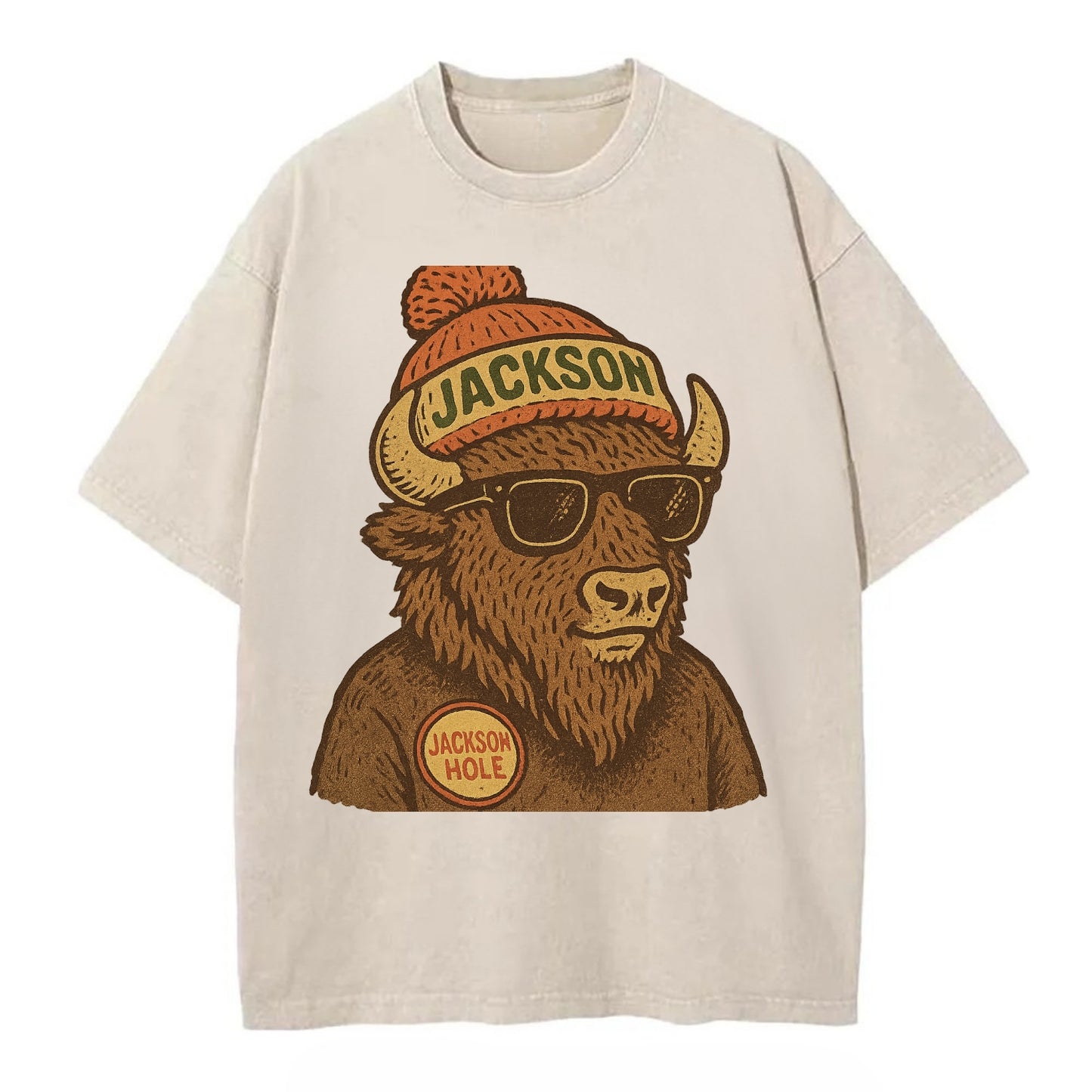Jackson Hole Bison wearing Jackson beanie with pom pom and wayfarer sunglasses - Vintage T-shirt - Off White