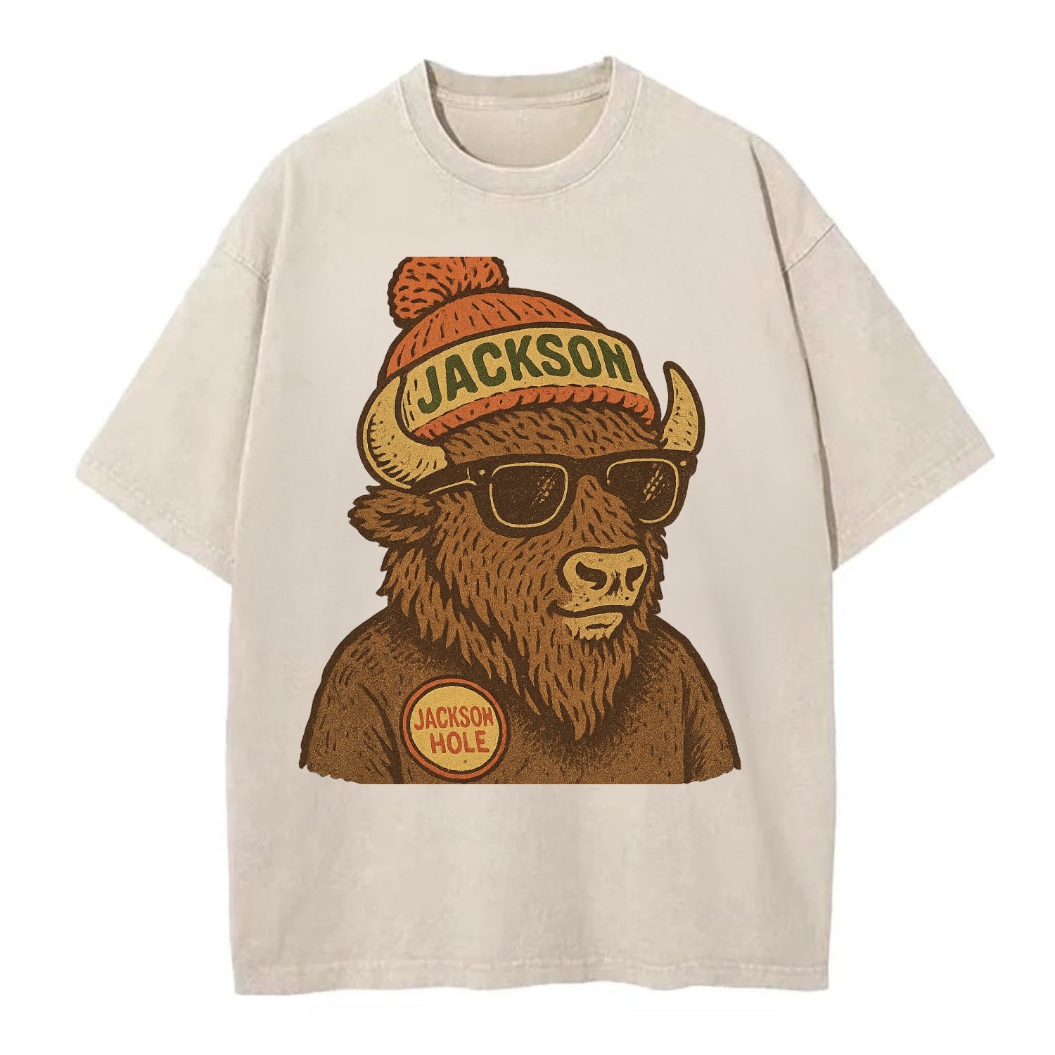 Jackson Hole Bison wearing Jackson beanie with pom pom and wayfarer sunglasses - Vintage T-shirt - Off White