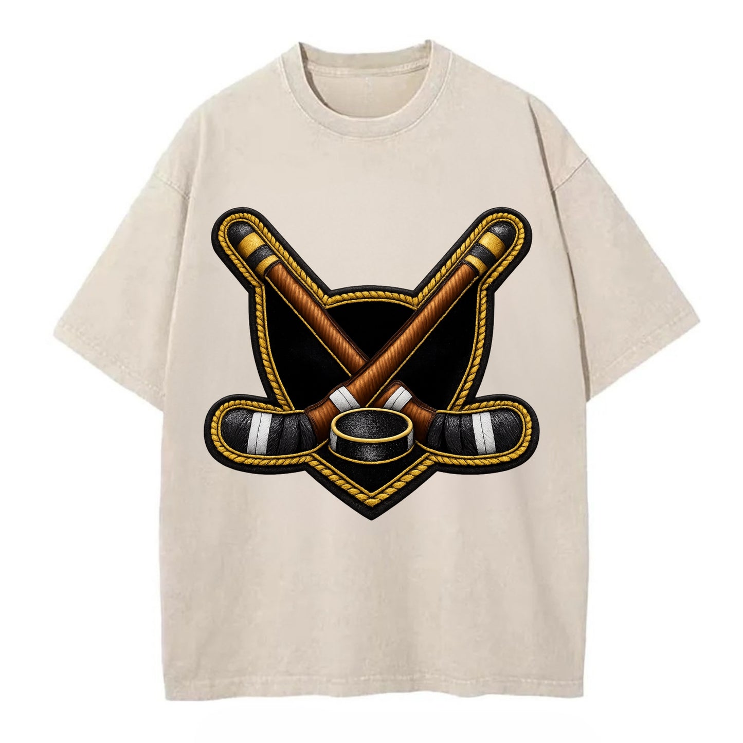 Embroidered patch design - HOCKEY CROSSED STICKS - ice hockey sticks with puck in - Vintage T-shirt - Off White
