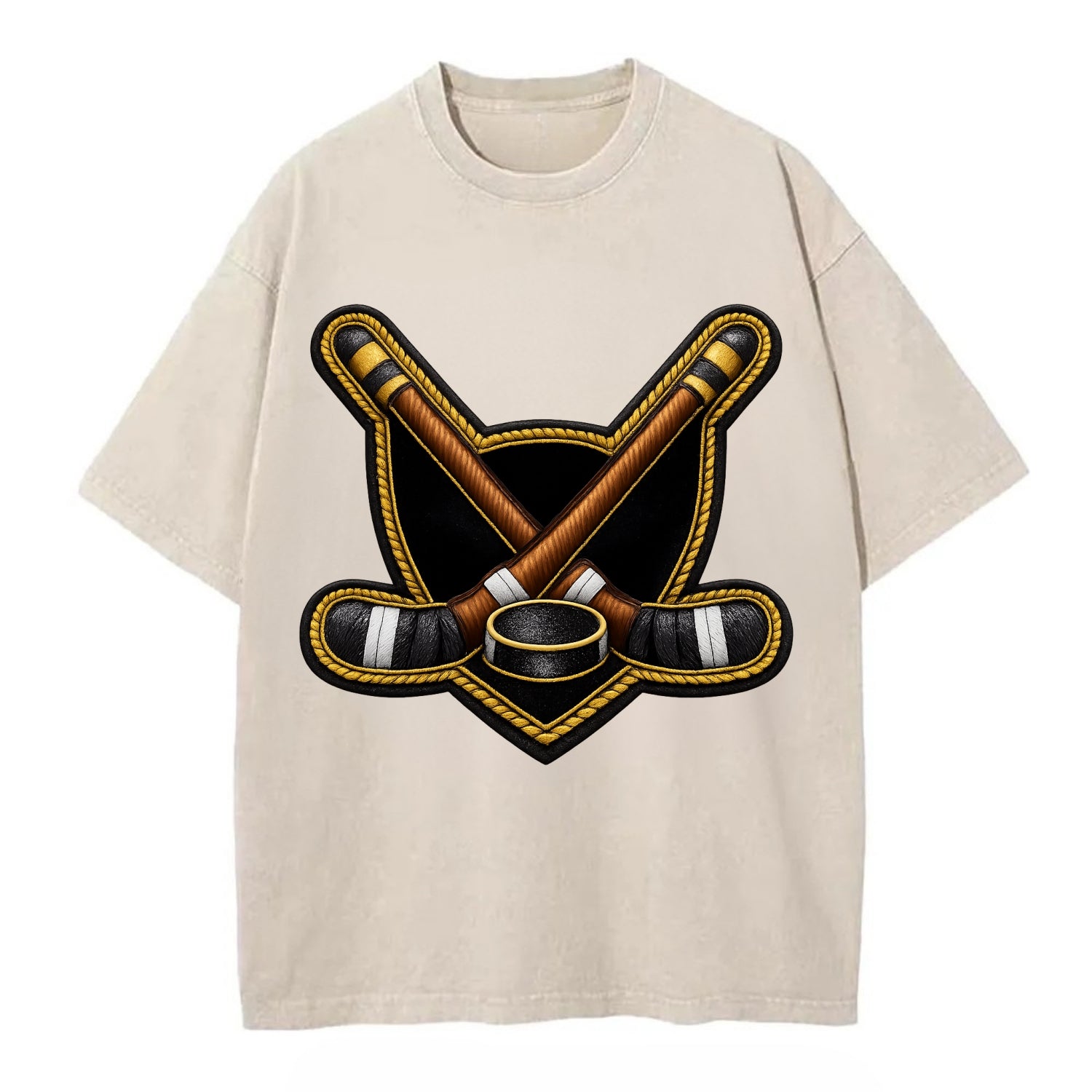 Embroidered patch design - HOCKEY CROSSED STICKS - ice hockey sticks with puck in - Vintage T-shirt - Off White