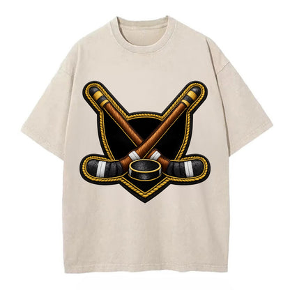 Embroidered patch design - HOCKEY CROSSED STICKS - ice hockey sticks with puck in - Vintage T-shirt - Off White