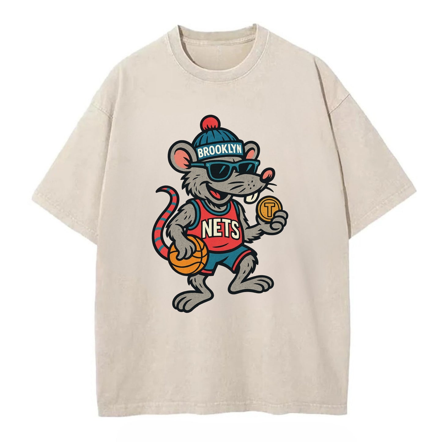 Brooklyn Rat wearing Nets beanie with subway token and wayfarer sunglasses - Vintage T-shirt - Off White