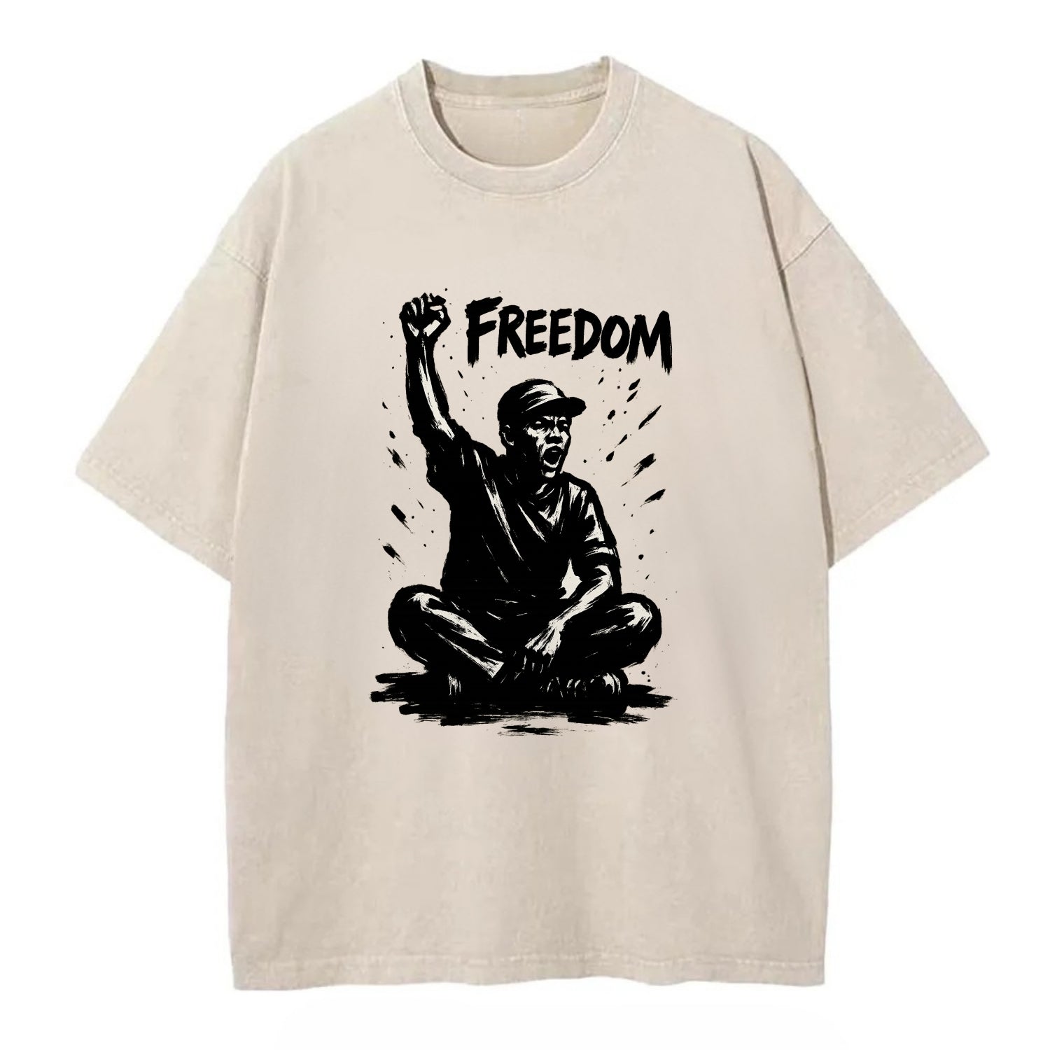 Sit-in protest figure - civil disobedience ink art - Vintage T-shirt - Off White