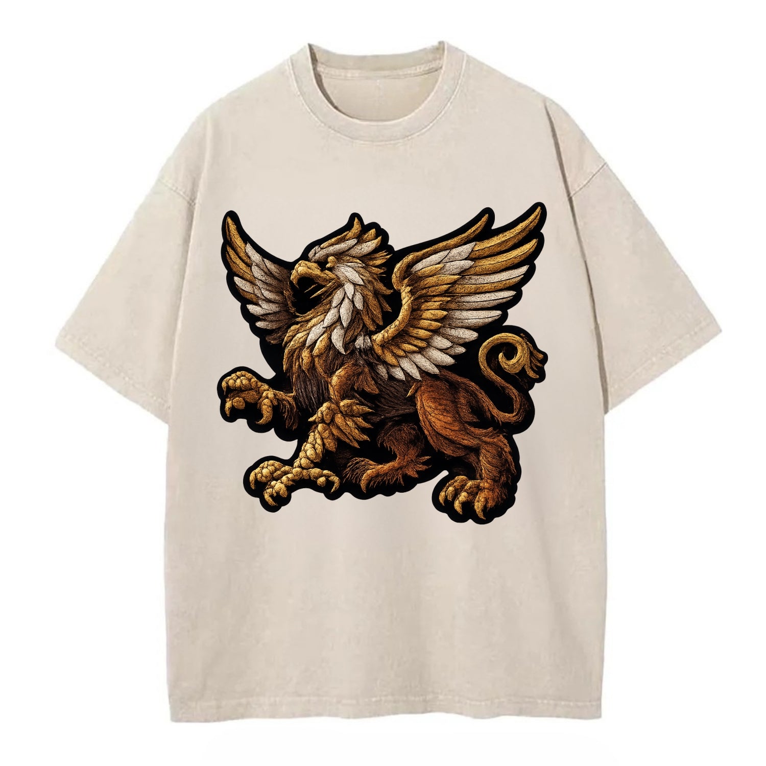 GRIFFIN BEAST - lion eagle hybrid in gold and brown , heraldic - Vintage T-shirt - Off White