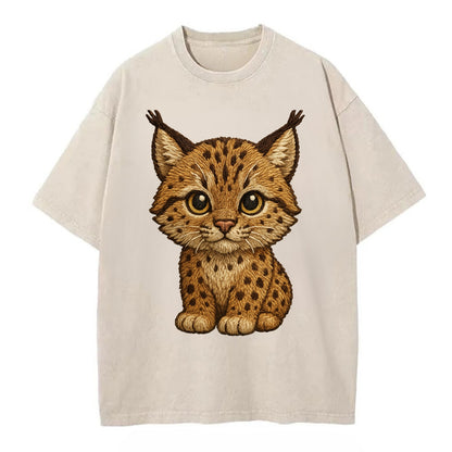 Baby Lynx Cub - tufted ears, spotted fur, golden eyes, front-facing, wild baby - Vintage T-shirt - Off White