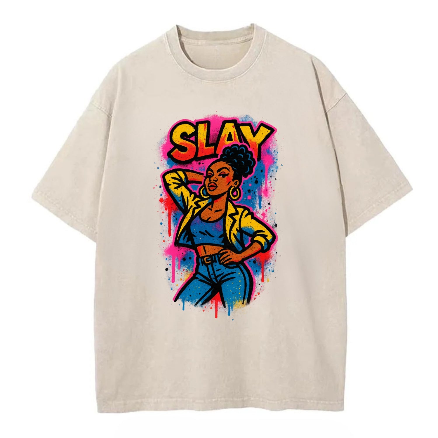Empowered figure striking confident pose - "slay" culture, fierce and fabulous - Vintage T-shirt - Off White