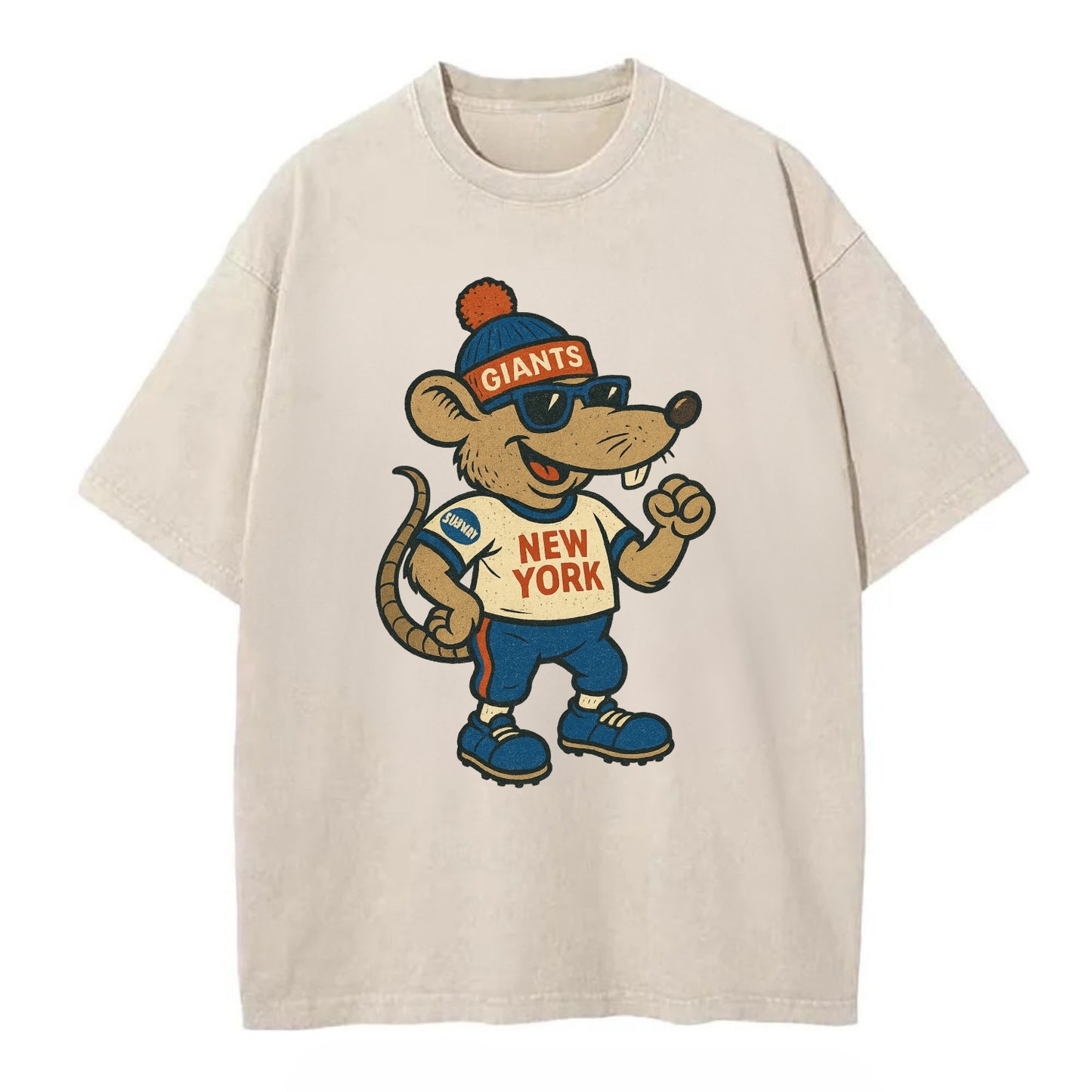 New York Rat wearing Giants beanie with subway patch and wayfarer sunglasses - Vintage T-shirt - Off White