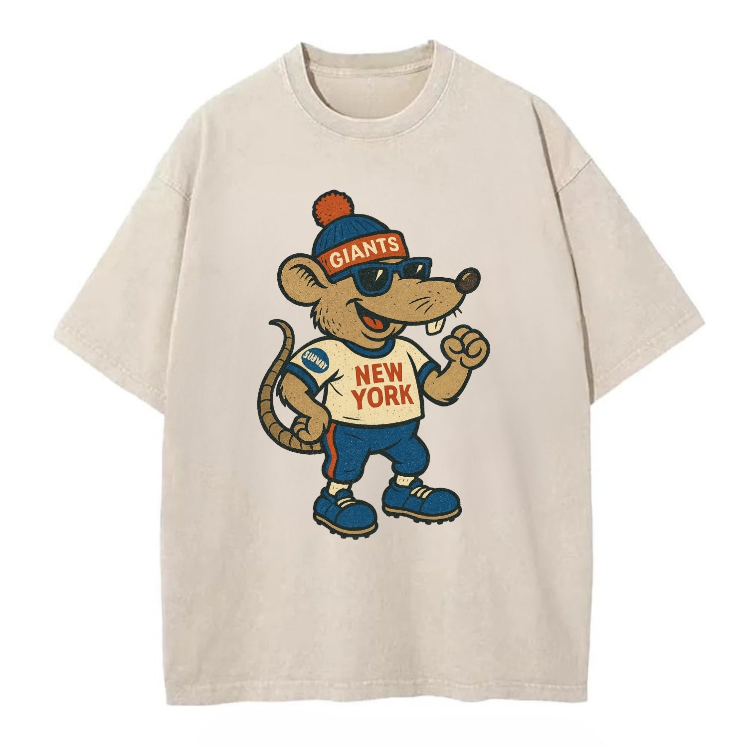 New York Rat wearing Giants beanie with subway patch and wayfarer sunglasses - Vintage T-shirt - Off White