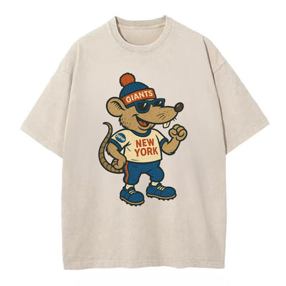 New York Rat wearing Giants beanie with subway patch and wayfarer sunglasses - Vintage T-shirt - Off White