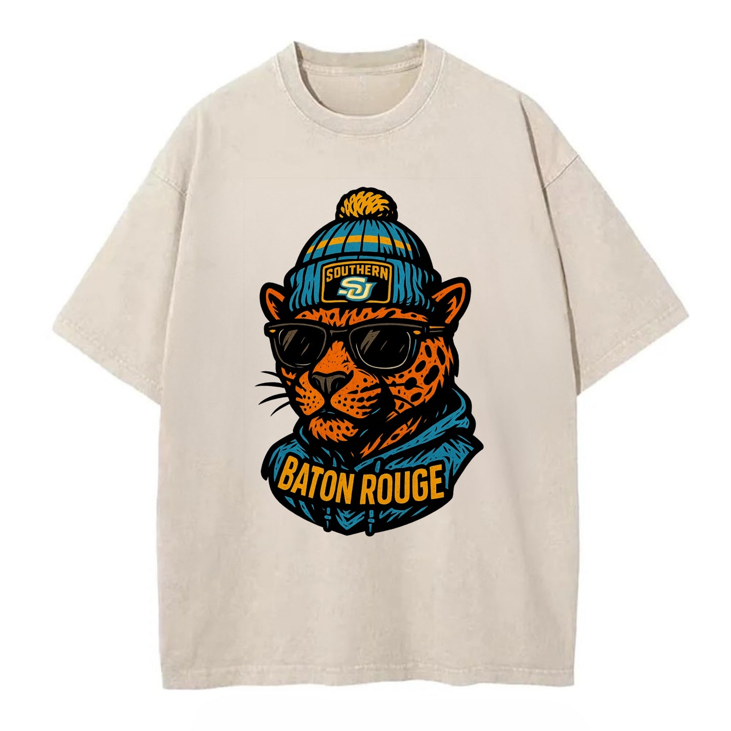 Baton Rouge Jaguar wearing Southern beanie with SU patch - Vintage T-shirt - Off White