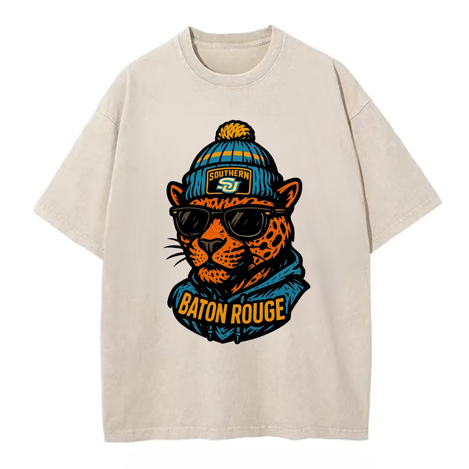 Baton Rouge Jaguar wearing Southern beanie with SU patch - Vintage T-shirt - Off White