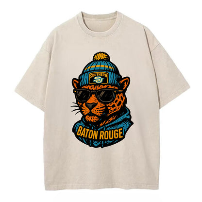 Baton Rouge Jaguar wearing Southern beanie with SU patch - Vintage T-shirt - Off White