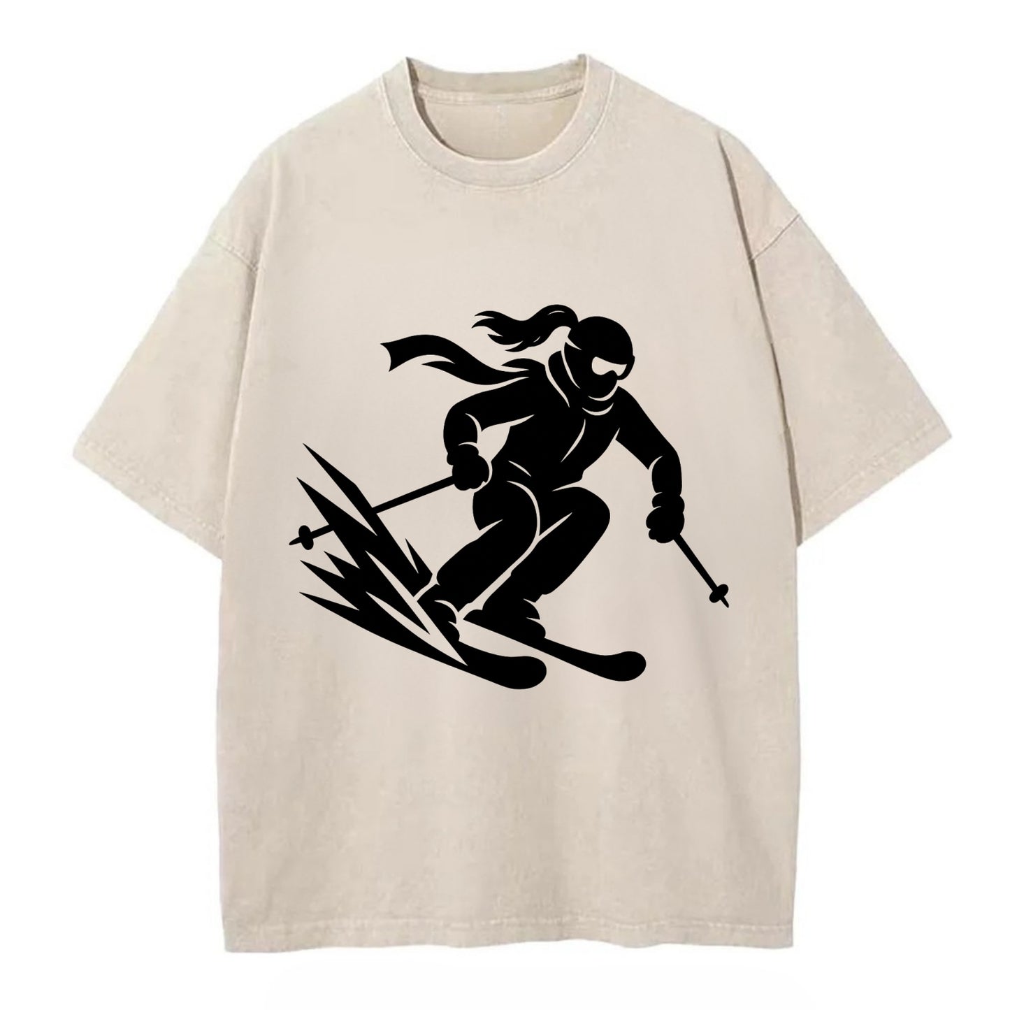 Skier carving down snowy slope - Vintage T-shirt - Off White