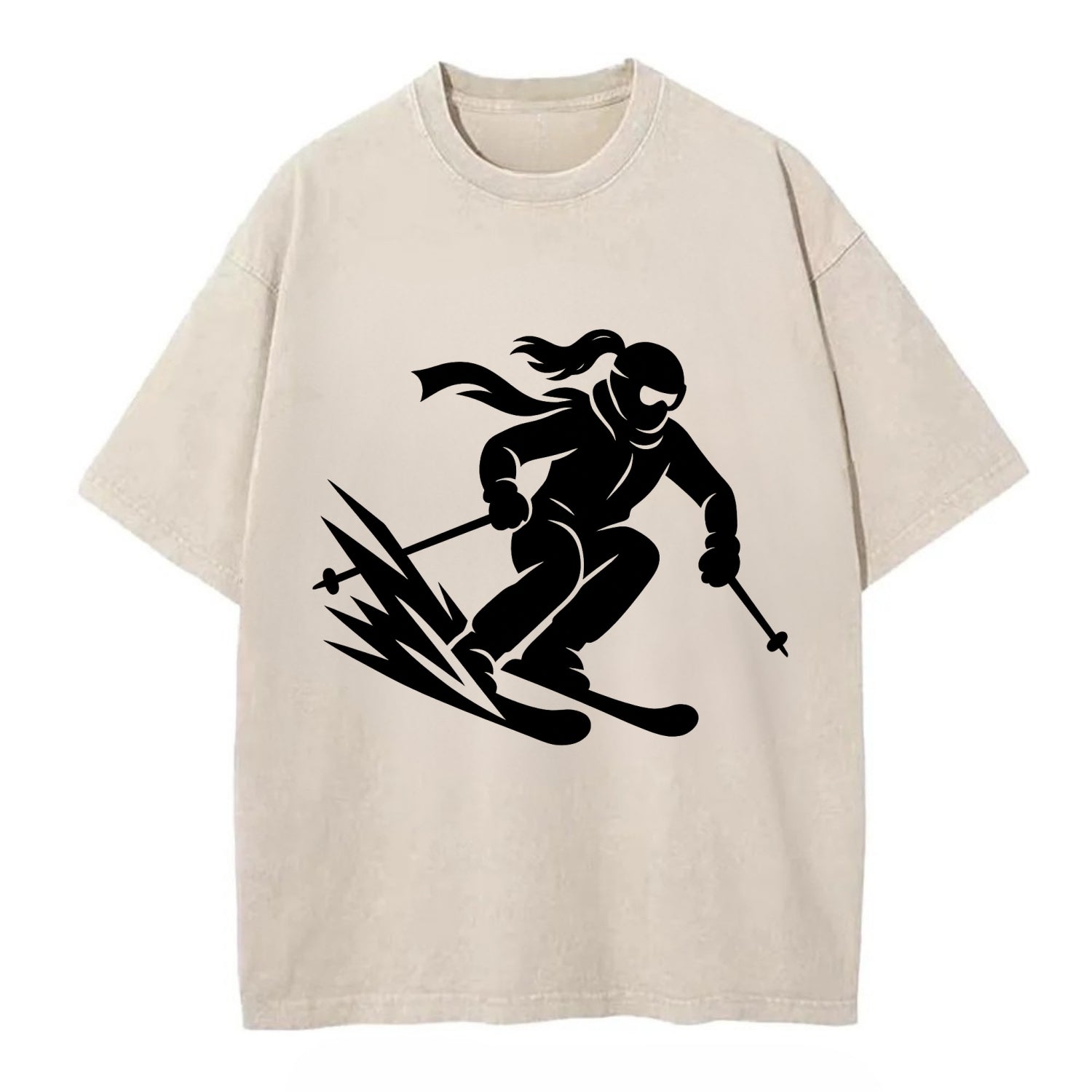 Skier carving down snowy slope - Vintage T-shirt - Off White