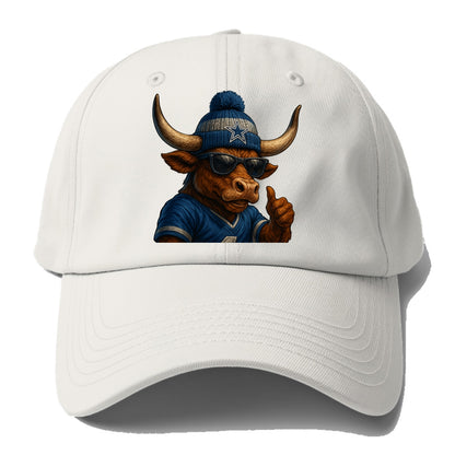 Texas Longhorn wearing Cowboys silver and blue beanie with star and wayfarer - Baseball Cap - Off White