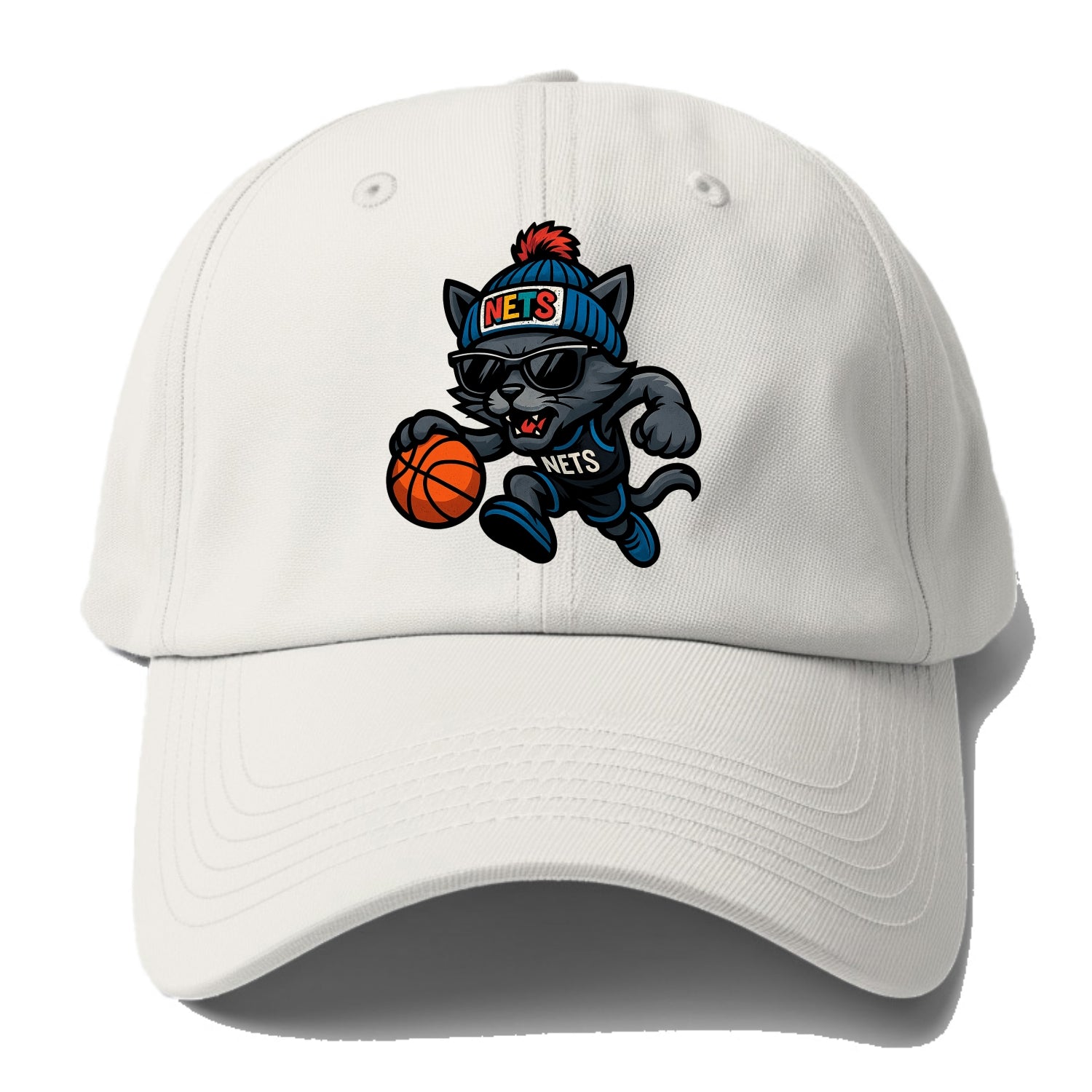 Brooklyn Cat wearing Nets beanie with street art patch and wayfarer - Baseball Cap For Big Heads - Off White