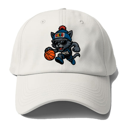 Brooklyn Cat wearing Nets beanie with street art patch and wayfarer - Baseball Cap For Big Heads - Off White