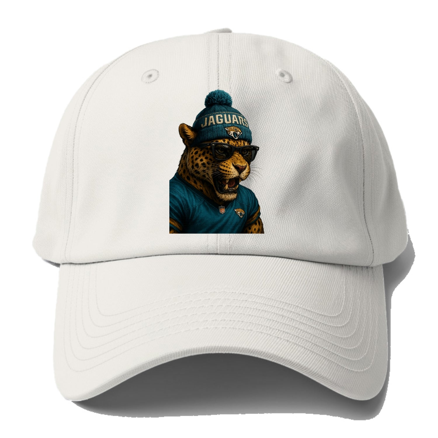 Jacksonville Jaguar wearing Jaguars teal and gold beanie with pom pom - Baseball Cap For Big Heads - Off White