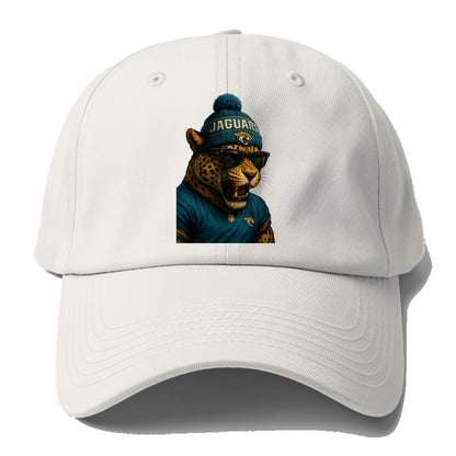 Jacksonville Jaguar wearing Jaguars teal and gold beanie with pom pom - Baseball Cap For Big Heads - Off White