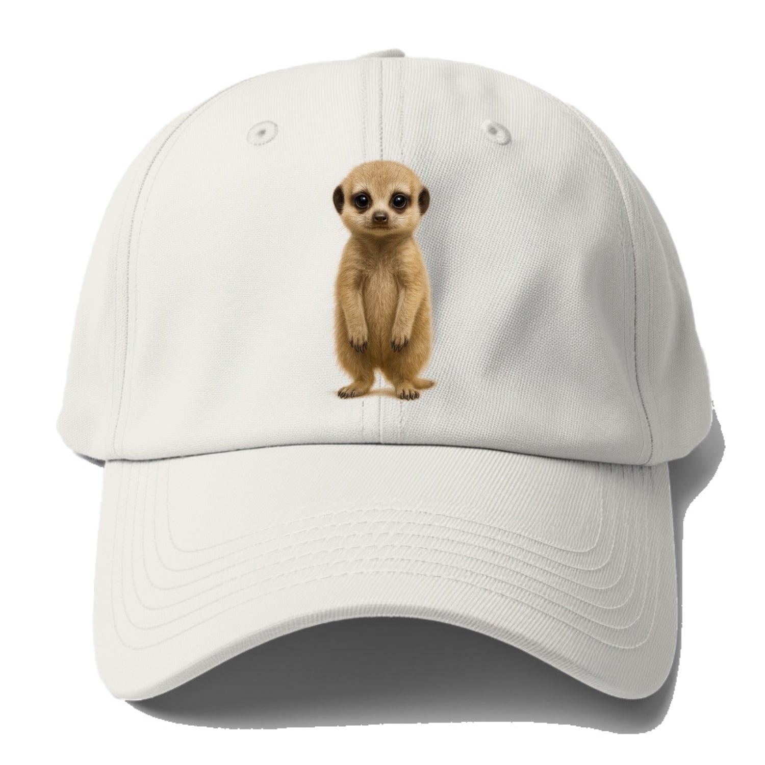 Baby Meerkat - tan fur, dark eye patches, alert stance, bright eyes, - Baseball Cap For Big Heads - Off White