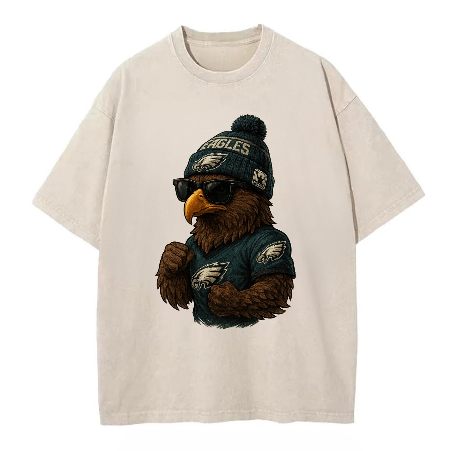 Philly Hawk wearing Eagles beanie with Rocky patch and wayfarer sunglasses - Vintage T-shirt - Off White
