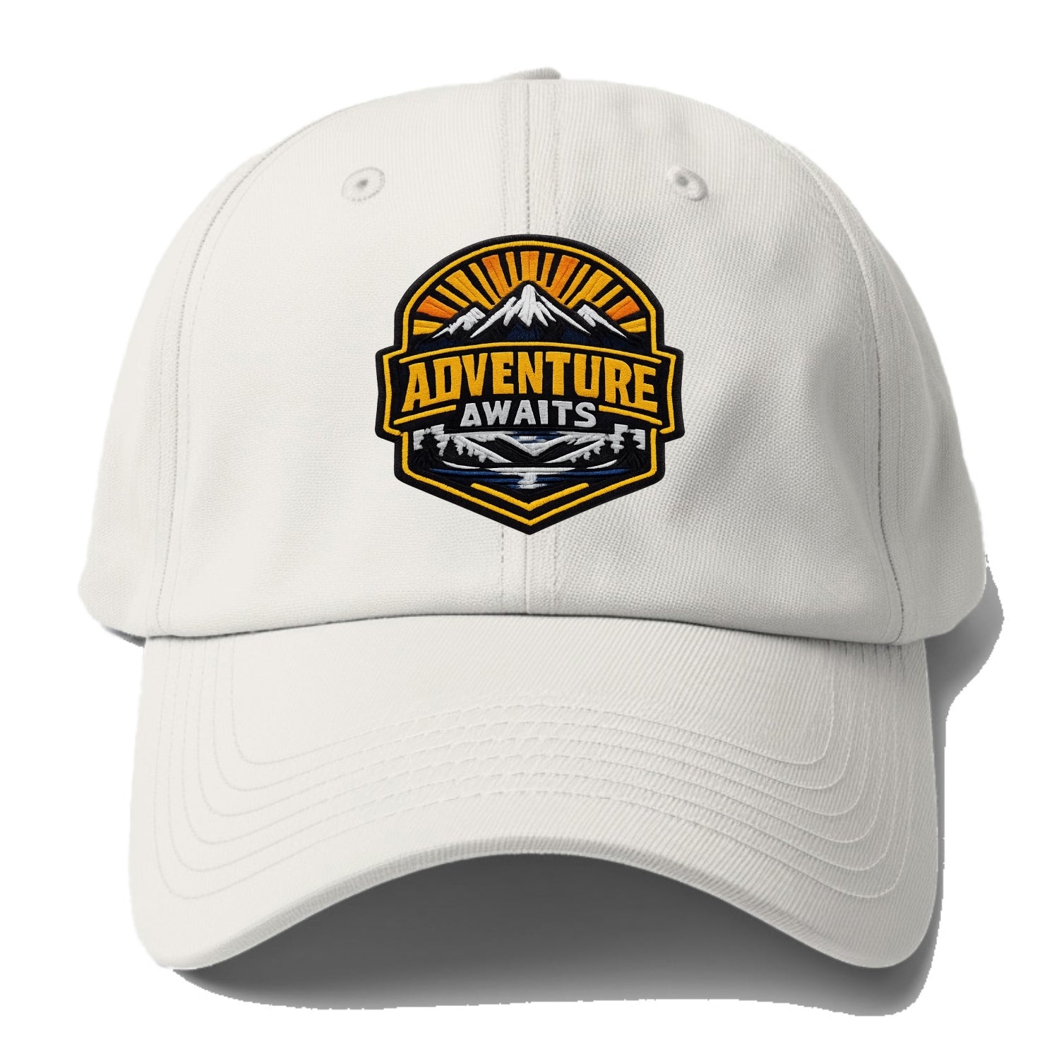 ADVENTURE AWAITS - mountain sunrise with text in gold and blue , wanderlust - Baseball Cap - Off White