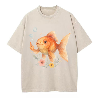 chubby goldfish blowing bubbles, one fin extended like middle finger - Vintage T-shirt - Off White