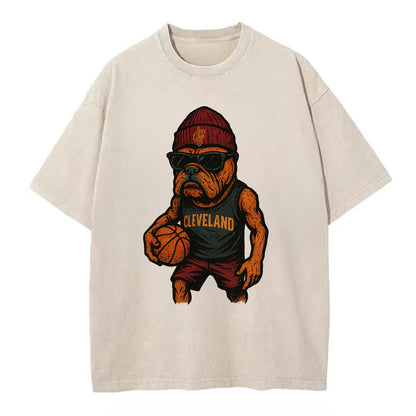 Cleveland Bulldog wearing Cavaliers wine and gold beanie with sword patch and - Vintage T-shirt - Off White