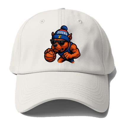 Philly Pitbull wearing Sixers beanie with Liberty Bell and wayfarer - Baseball Cap For Big Heads - Off White