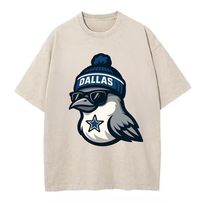 Dallas Mockingbird wearing Cowboys beanie with sheriff star and wayfarer - Vintage T-shirt - Off White