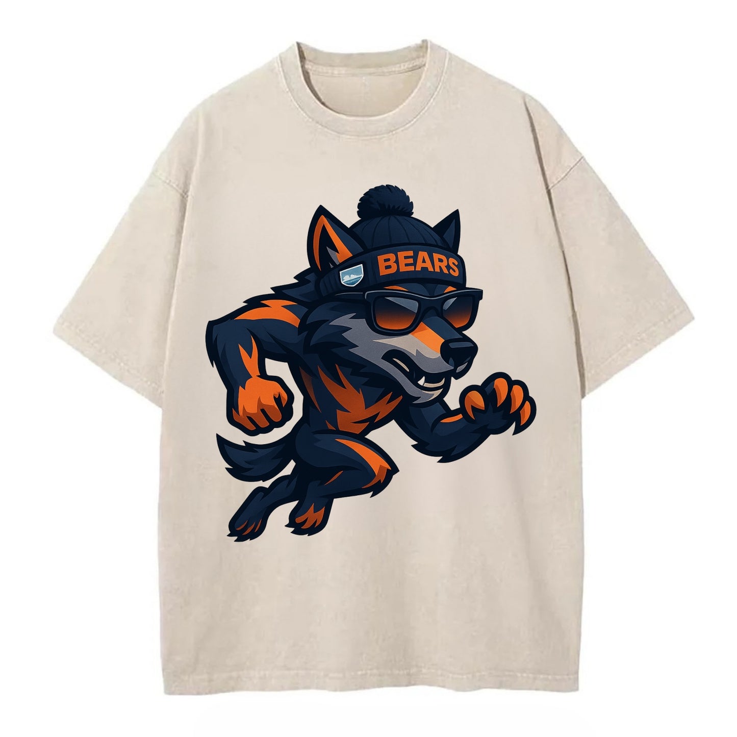 Chicago Wolf wearing Bears beanie with Lake Michigan patch and wayfarer sunglasses - Vintage T-shirt - Off White