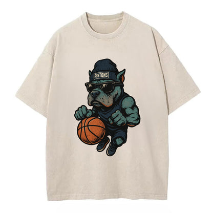 Detroit Pitbull wearing Pistons beanie with chrome patch and wayfarer sunglasses - Vintage T-shirt - Off White