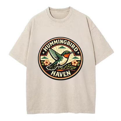Hummingbird Sanctuary Emblem - Vintage T-shirt - Off White