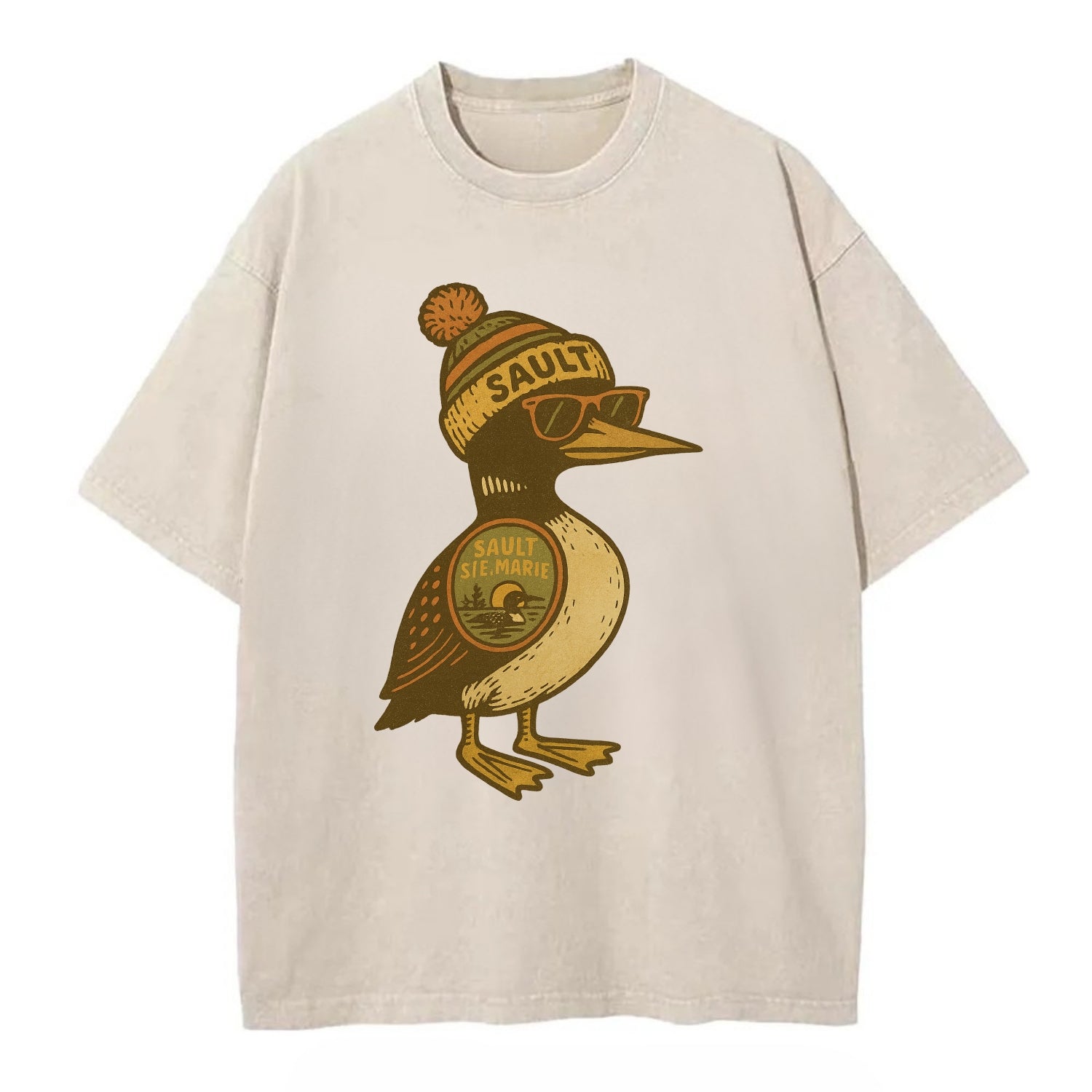 Sault Ste Marie Loon wearing Sault beani - Vintage T-shirt - Off White