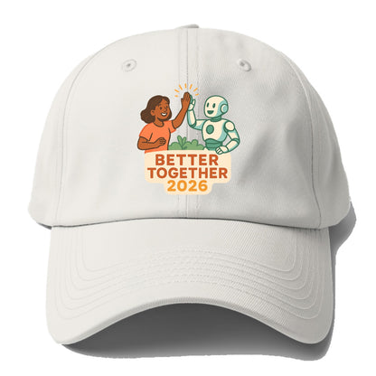 Human and AI robot high-fiving as collaborative partners - "Better Together 2026" - - Baseball Cap - Off White