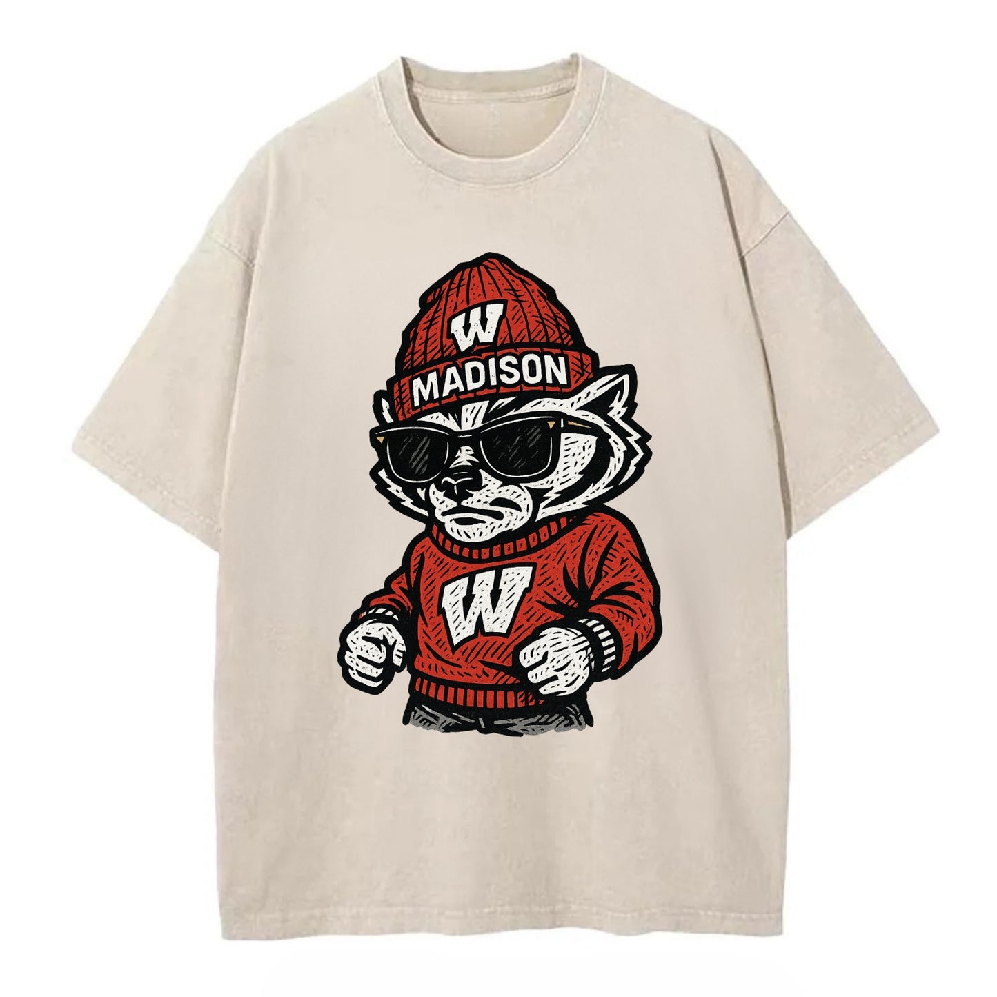 Madison Badger wearing Wisconsin beanie with motion W patch - Vintage T-shirt - Off White