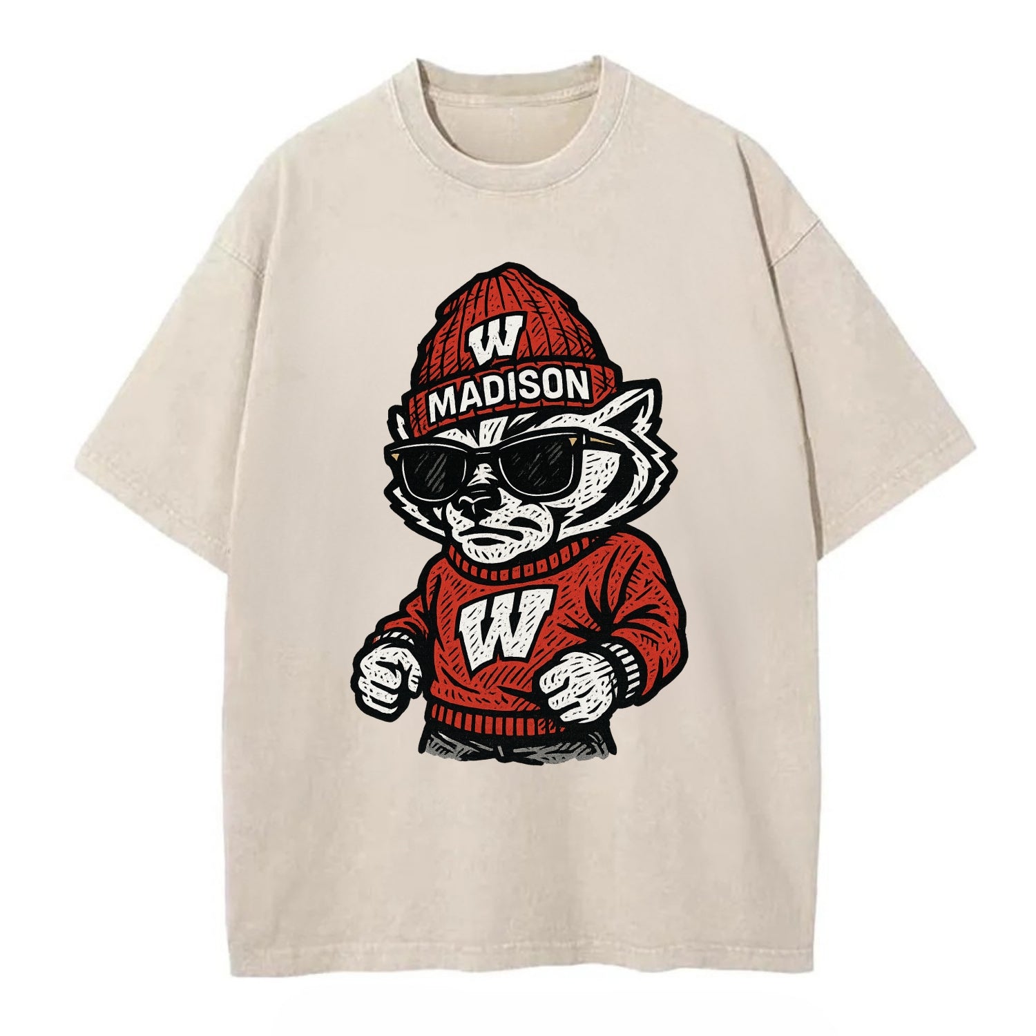 Madison Badger wearing Wisconsin beanie with motion W patch - Vintage T-shirt - Off White
