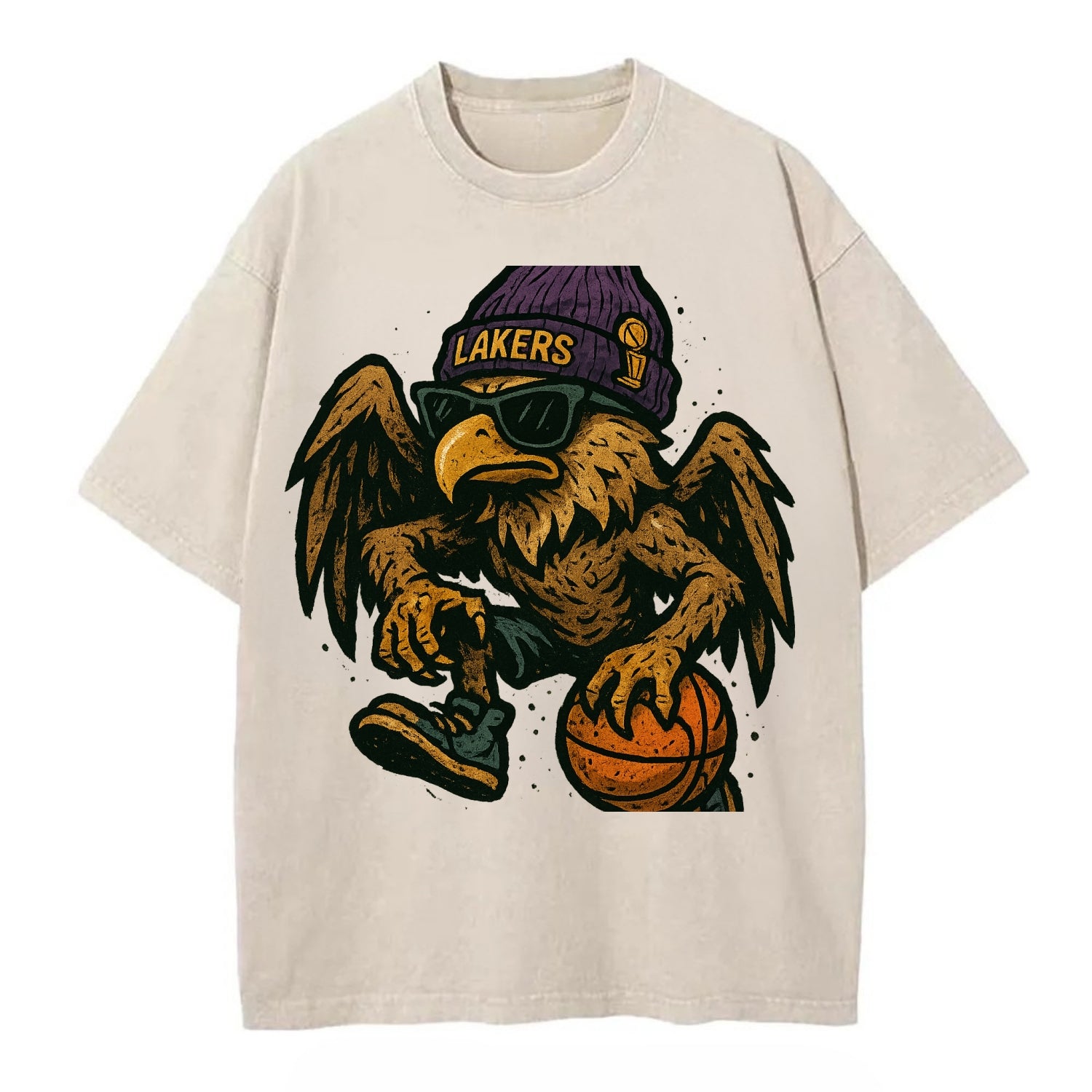 Los Angeles Golden Eagle wearing Lakers beanie with trophy patch and wayfarer - Vintage T-shirt - Off White