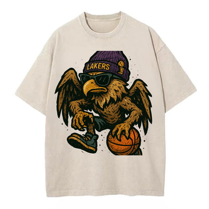 Los Angeles Golden Eagle wearing Lakers beanie with trophy patch and wayfarer - Vintage T-shirt - Off White