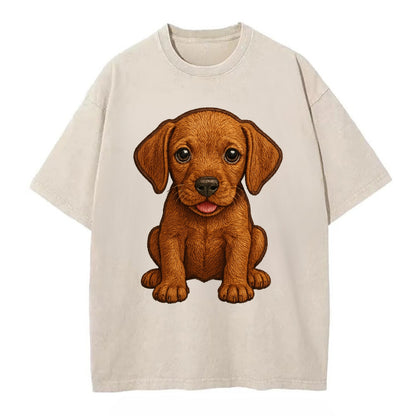 Baby Vizsla Puppy - golden rust coat, soulful eyes, athletic build, front-facing, - Vintage T-shirt - Off White