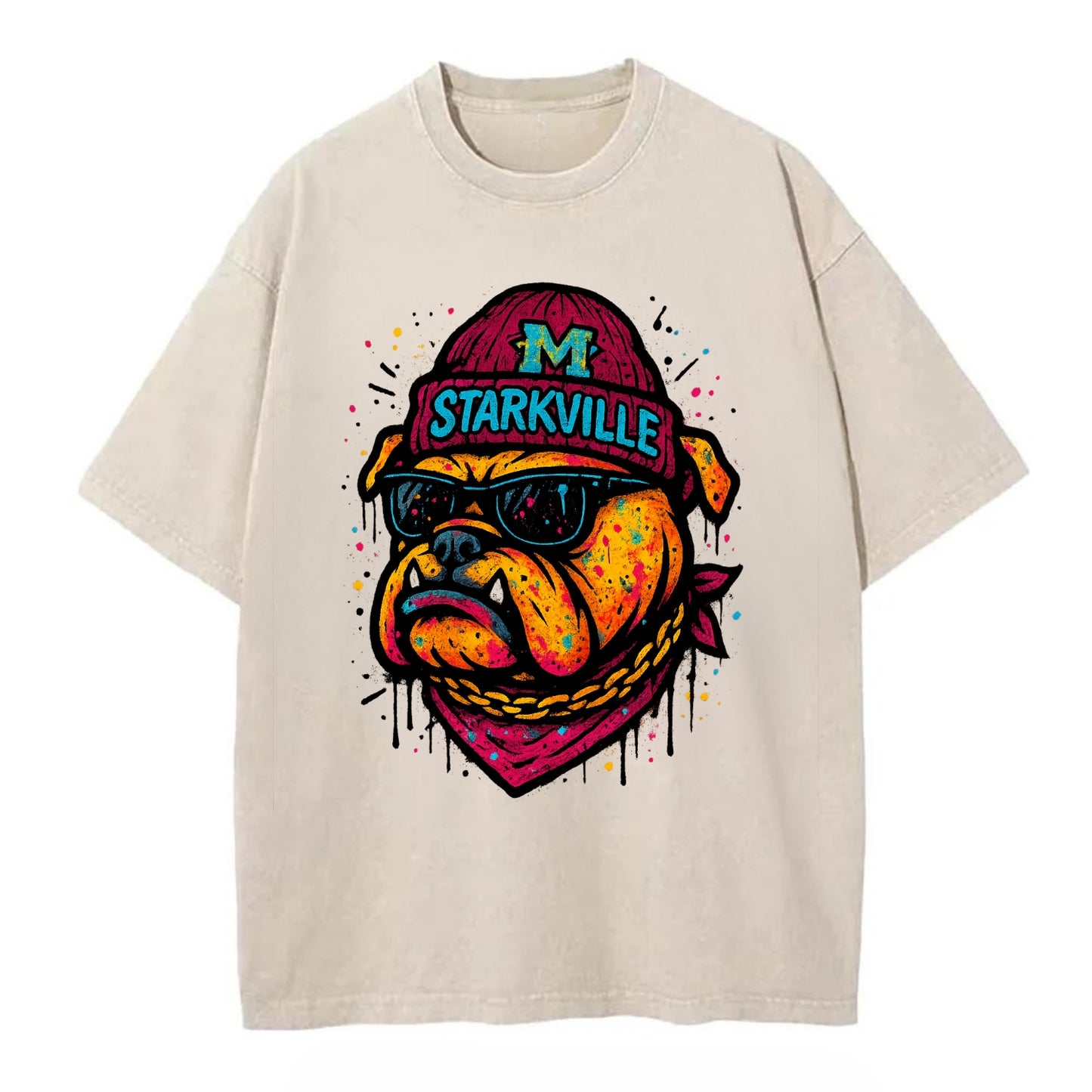 Starkville Bulldog wearing Mississippi State beanie with M patch - Vintage T-shirt - Off White