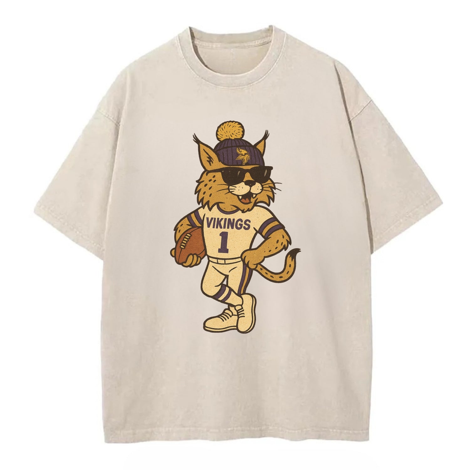 Minneapolis Lynx wearing Vikings beanie with Norse patch and wayfarer sunglasses - Vintage T-shirt - Off White