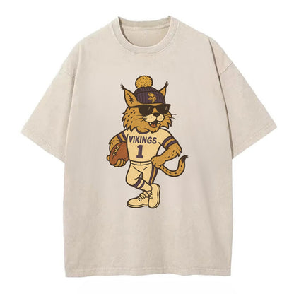 Minneapolis Lynx wearing Vikings beanie with Norse patch and wayfarer sunglasses - Vintage T-shirt - Off White